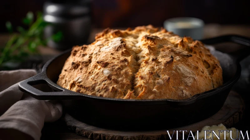 Golden Brown Loaf of Bread in Cast Iron Skillet AI Image