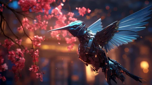 Metallic Hummingbird and Cherry Blossoms in Cityscape
