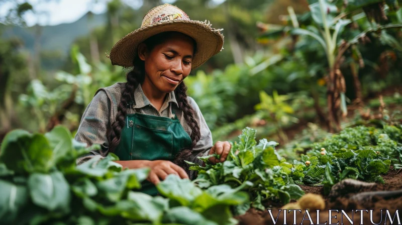 Smiling Female Farmer Harvesting Vegetables in Lush Field AI Image
