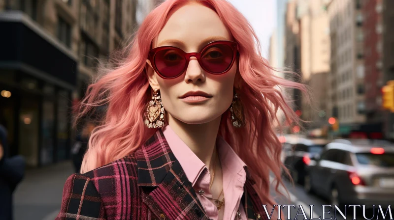 Stylish Urban Woman with Pink Hair in City Setting AI Image