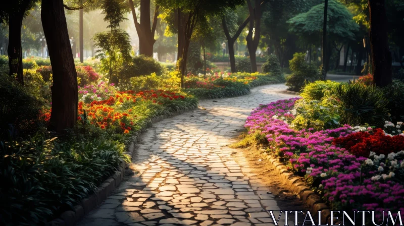 AI ART Tranquil Park with Flower-Lined Path