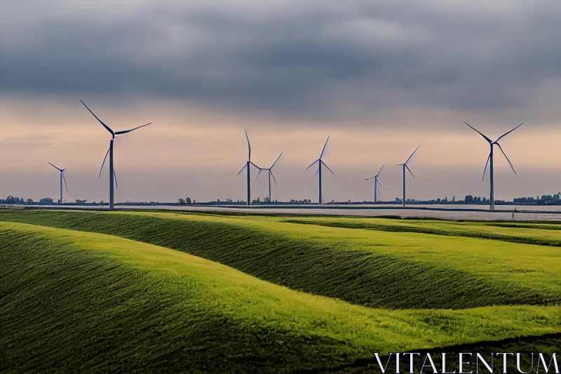 Wind Turbines on a Green Field: Layered and Atmospheric Landscapes AI Image