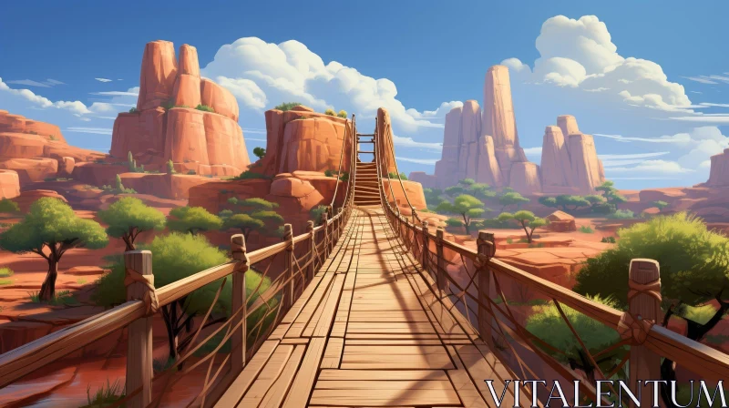 Wooden Bridge in Canyon - Realistic Digital Painting AI Image