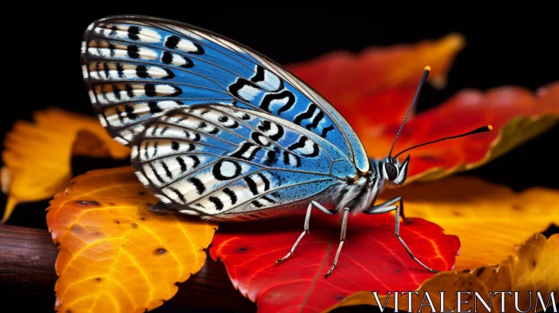 AI ART Blue and Black Butterfly on Red Leaf