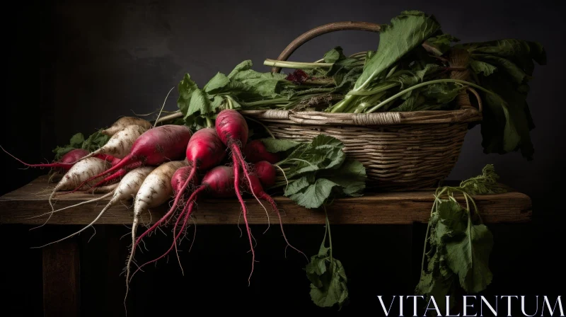 Colorful Radishes in Wicker Basket Still Life AI Image
