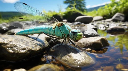 Dragonfly Close-Up on Rock in River