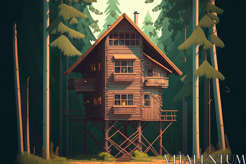 Enchanting Tree House Illustration in a Lush Forest AI Image