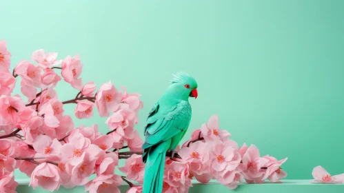 Green Parrot on Cherry Blossom Branch - 3D Rendering