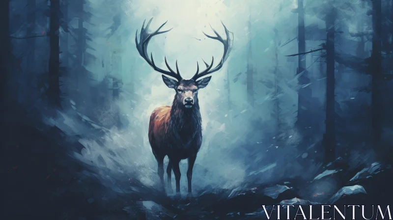 Majestic Deer in Dark Forest Painting AI Image