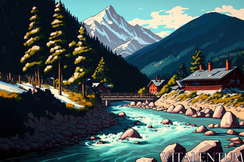 Majestic Mountain in Swiss Style - Digital Painting AI Image