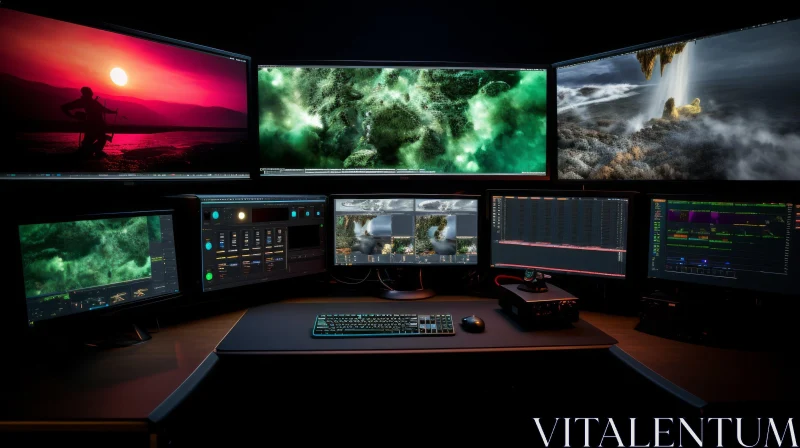 Professional Video Editing Suite with Multiple Monitors AI Image