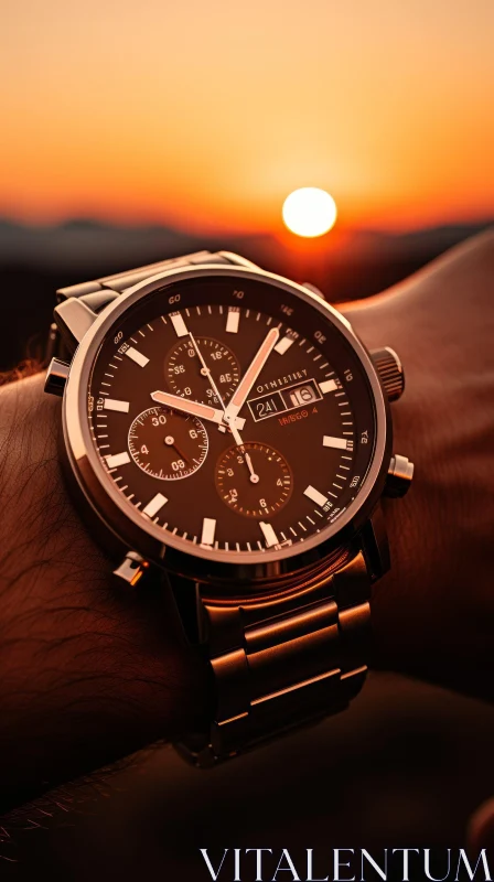 Stylish Wristwatch at Sunset Over Mountain Range AI Image