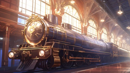 Vintage Steam Locomotive Painting in Station