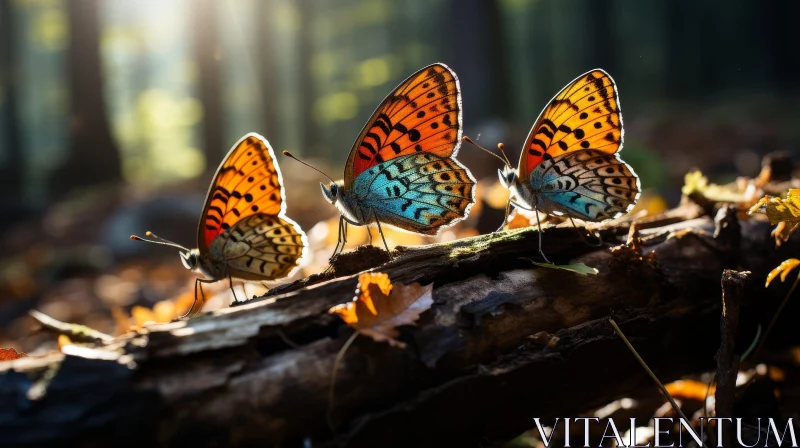 AI ART Colorful Butterflies on Branch at Sunset