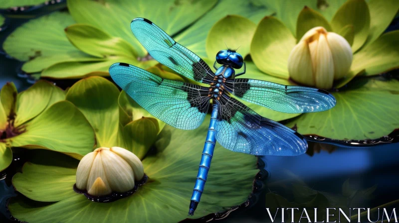 AI ART Dragonfly on Lily Pad in Pond: Serene Nature Close-up