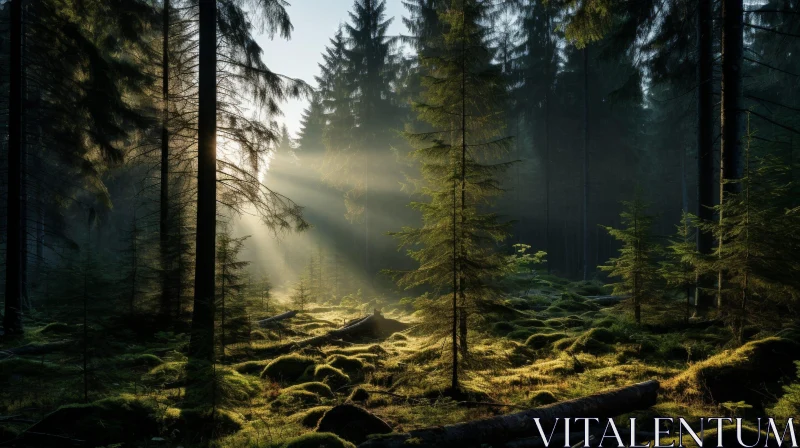 Enchanting Forest Landscape with Sunlight and Trees AI Image
