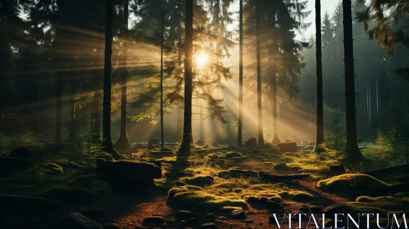 Enchanting Forest Landscape with Sunlight AI Image