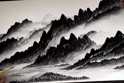 Exquisite Black and White Ink and Wash Artwork of a Majestic Mountain