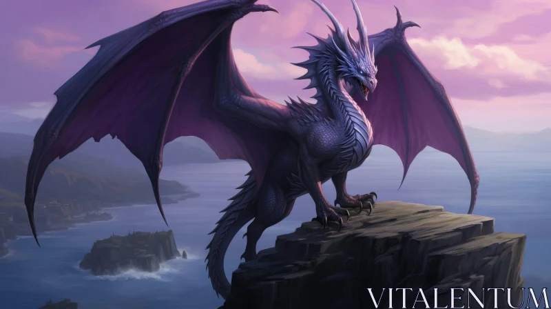 Majestic Purple Dragon on Cliff - Digital Fantasy Art AI Image