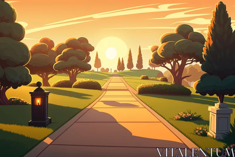 Path under Trees at Sunset: Detailed Character Design and Elegant Cityscapes AI Image