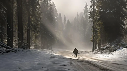 Skiing in Snowy Forest - Tranquil Winter Scene