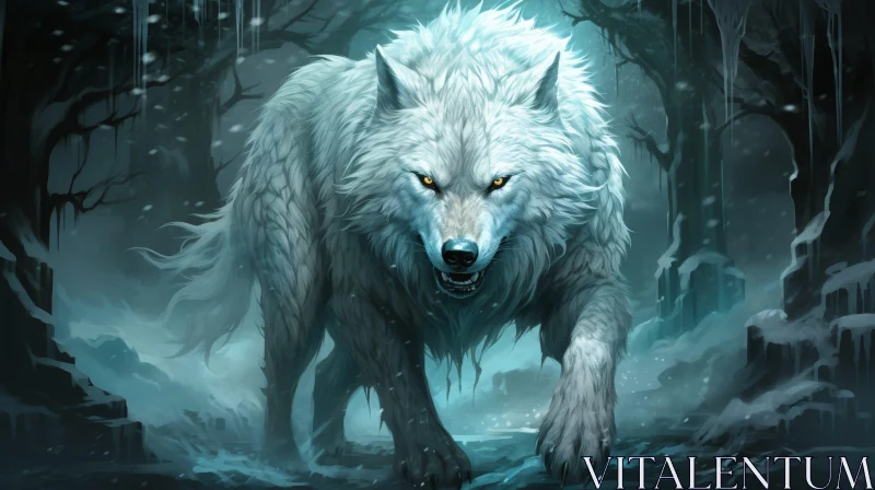 White Wolf in Snowy Forest - Digital Painting AI Image