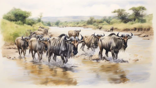 Wildebeest Herd Crossing River - Watercolor Painting
