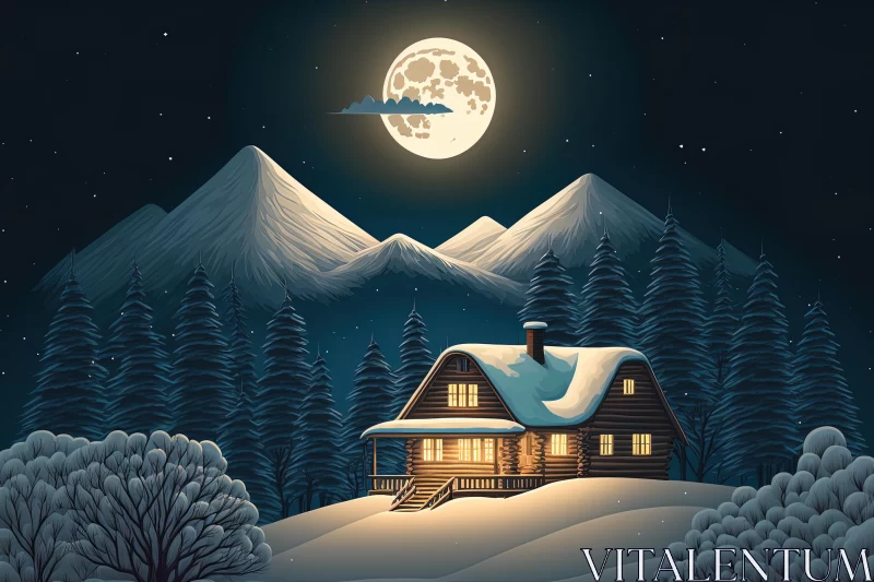 Winter Landscape with Cabin and Moon | Detailed Shading | Nostalgic Illustration AI Image