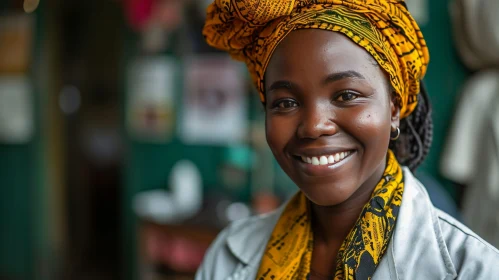 Young African Woman in Traditional Headscarf Smiling Close-Up