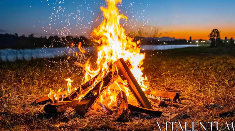 AI ART Bonfire Burning on Grassy Field at Dusk