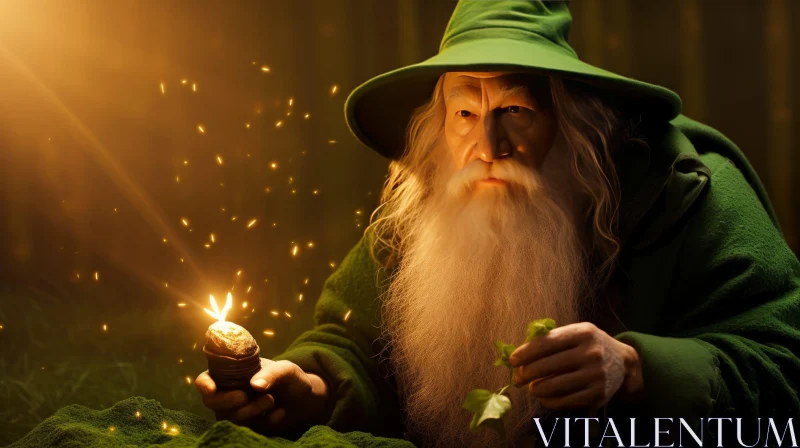 Enchanting Wizard with Glowing Crystal AI Image