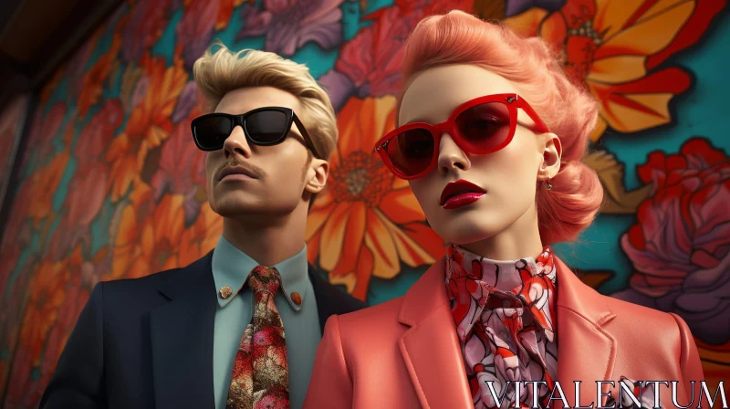 Fashionable Couple in Front of Colorful Floral Mural AI Image