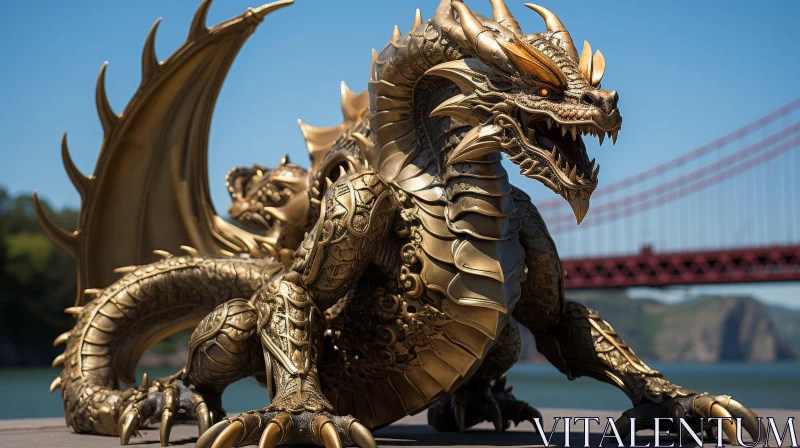 Golden Dragon 3D Rendering on Stone Platform AI Image