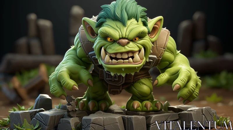 AI ART Green Orc 3D Rendering - Fantasy Character on Rock