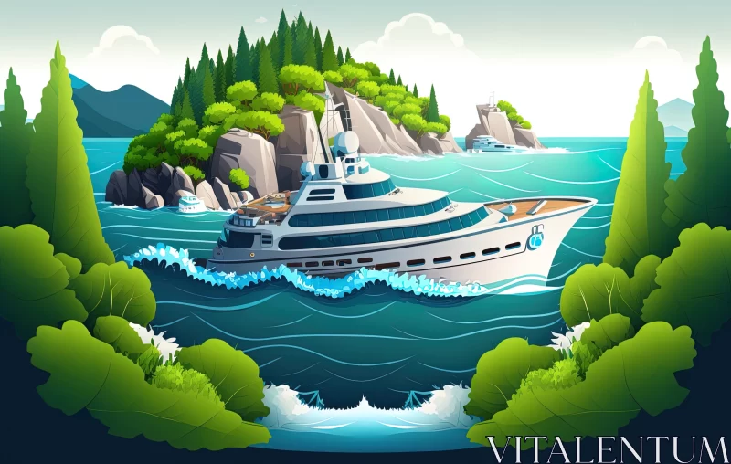 Luxury Yacht Illustration: Serene Sailing near Lush Island AI Image