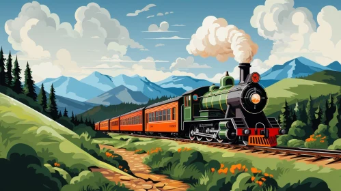 Steam Train in Mountainous Landscape - Vector Illustration