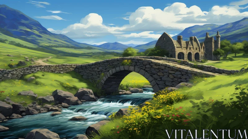 Tranquil Stone Bridge Landscape in Valley AI Image