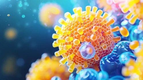 Yellow Spiked Virus in Blue Liquid - 3D Illustration