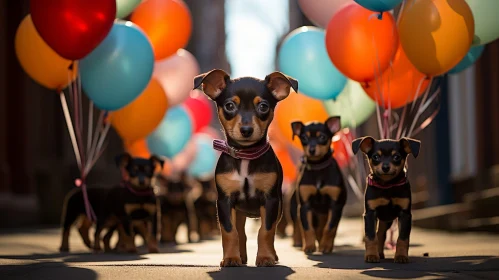 Adorable Puppies Walking in City with Colorful Balloons