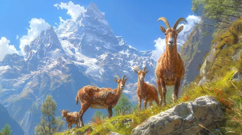 Brown Mountain Goats on Rocky Hilltop with Snow-Capped Mountain