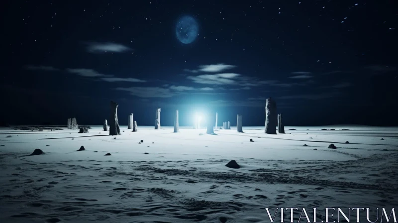 Enigmatic Night Landscape with Moon and Stones AI Image