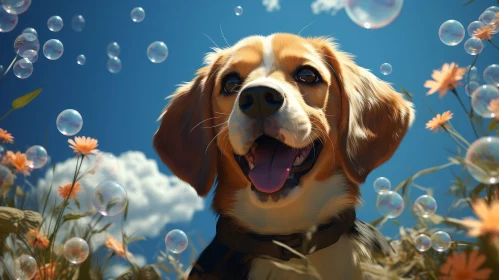 Joyful Beagle Dog in Field of Flowers and Bubbles