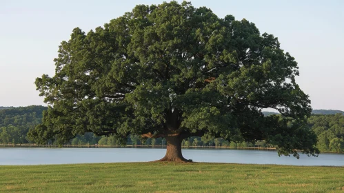 Majestic Oak Tree in Field by Tranquil Lake