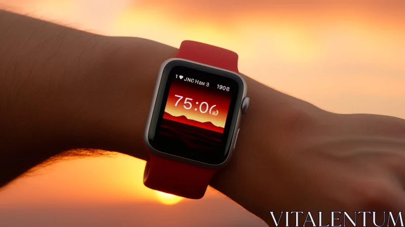 AI ART Red Apple Watch with Sunset Background - Time 7:05, Date 1 June