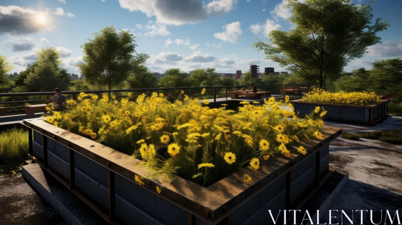 Serene Rooftop Garden with Yellow Daisies AI Image