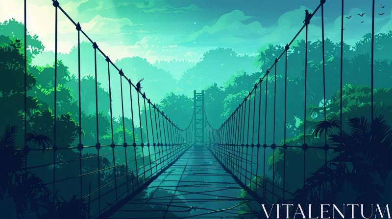 Serene Suspension Bridge in Jungle Painting AI Image