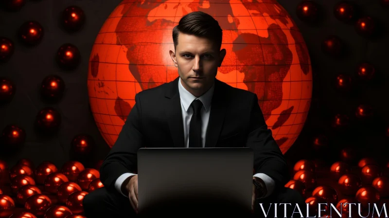 AI ART Serious Businessman with Laptop and Red Globe