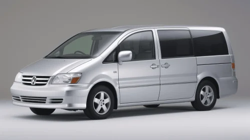 Silver Minivan Parked on Grey Background with Japanese-Inspired Elements