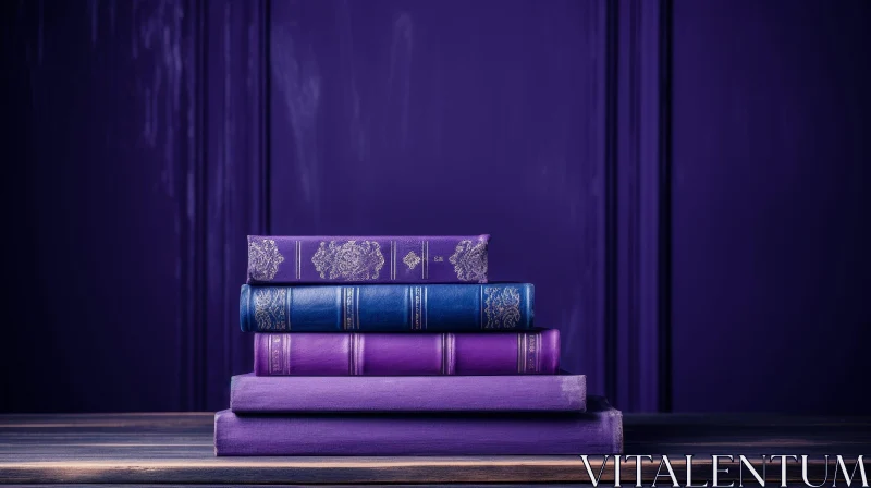 AI ART Stack of Five Books on Wooden Table - Shades of Purple and Blue