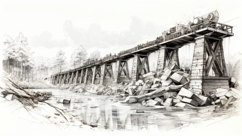 Wooden Bridge Pencil Drawing Over River with Train and Trees